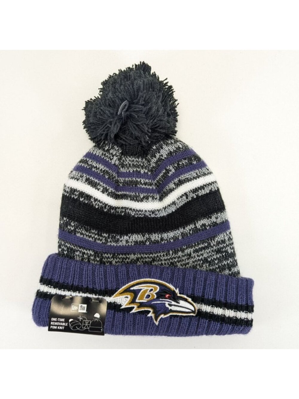 Baltimore Ravens Striped Sideline Winter Beanie W/ Pom Knit Hat By New Era - Picture 5 of 9